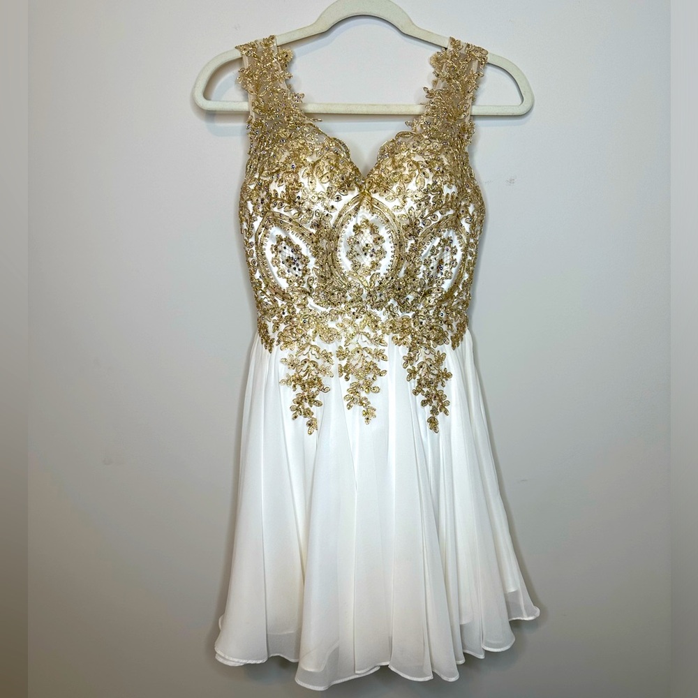 Cinderella - White Short Chiffon Dress with Gold Appliqué